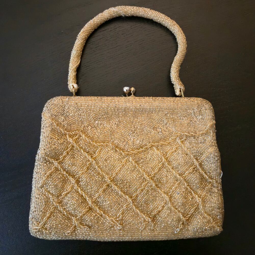 Vintage Cocktail Beaded Mini Handbag Clutch Purse Yellow Gold Kiss Lock Formal